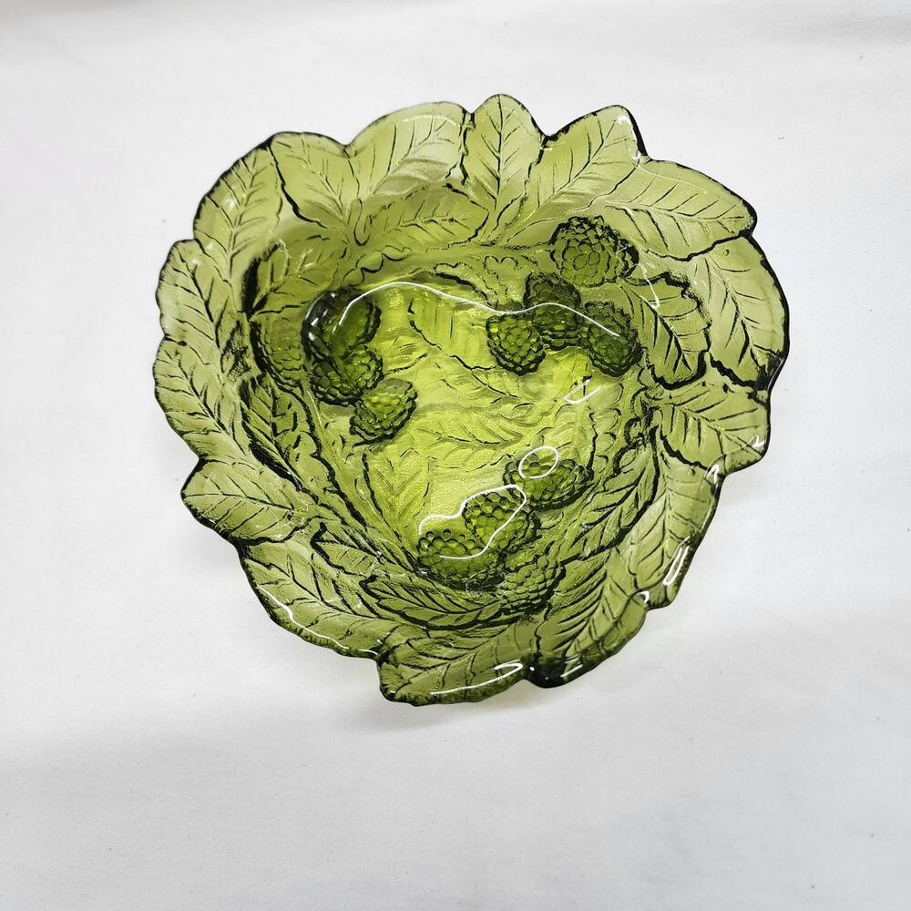 Vintage triangular Green glass dish with leaves and grapes U